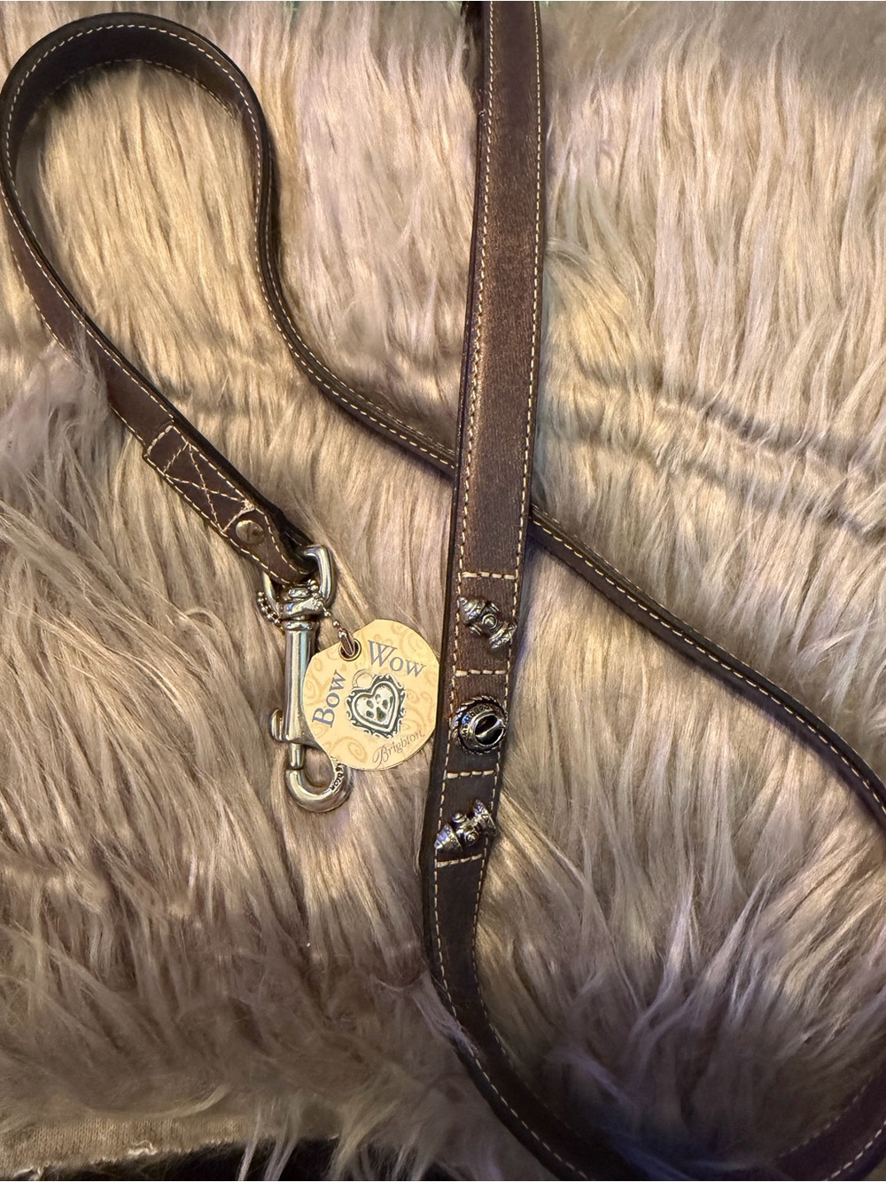 Vintage Brighton Bow Wow Brown Leather Dog Leash - Silver Fire Hydrant Detail